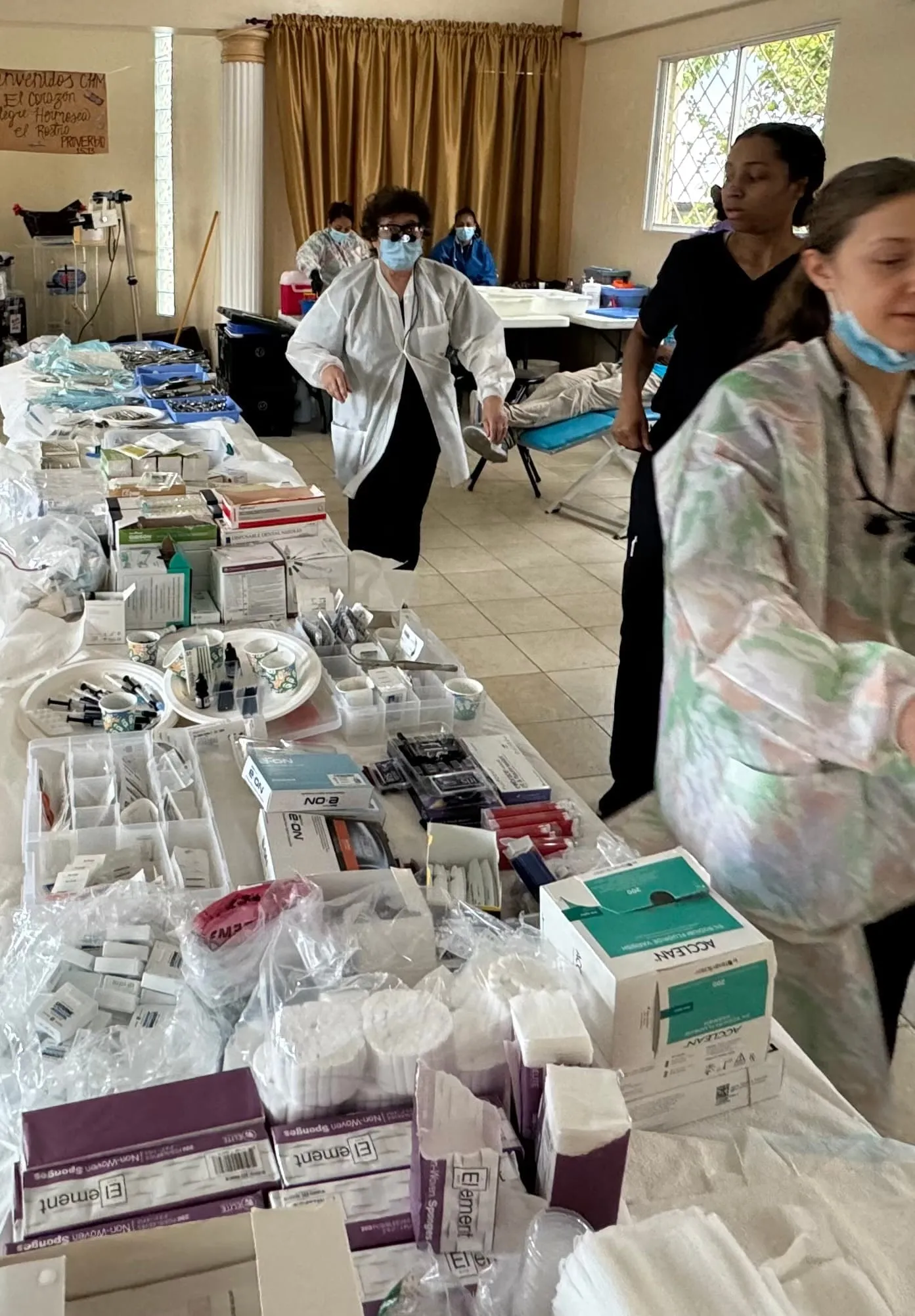 Dental supplies set up on a table