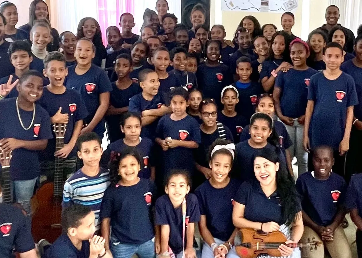 A large group photo of music students